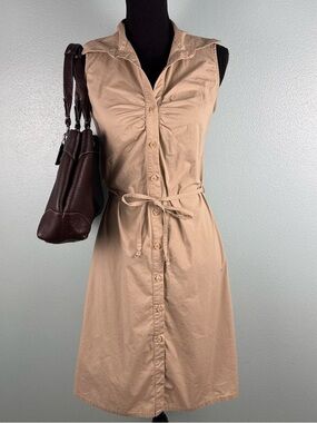 90s Vintage Tan Khaki Collared Sleeveless Midi Dress Women’s Size Small